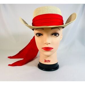 Vintage "The Pony Tail" Coated Straw Hat Red Ribbon Large